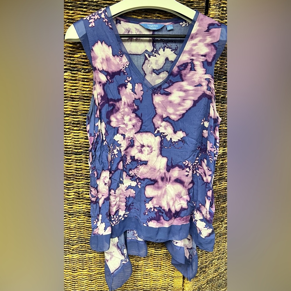 Simply Vera Vera Wang Blue Asymmetrical Tie Front Blouse- Purple, Size: XLarge